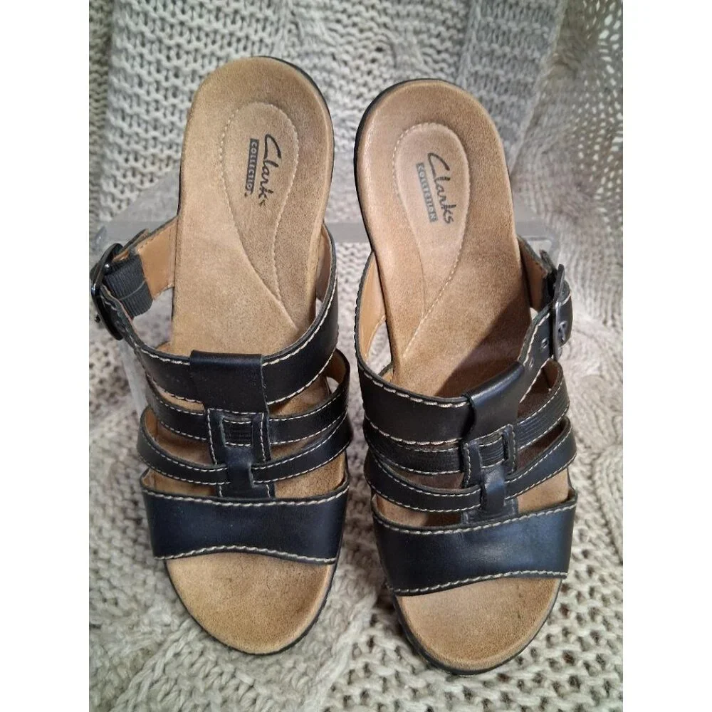 Clarks Collection Black Leather Adjustable Womens Slip-On Sandals Size 8M